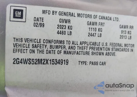 1999 Buick Century Custom из США, поврежденный, VIN 2G4WS52M2X1534919